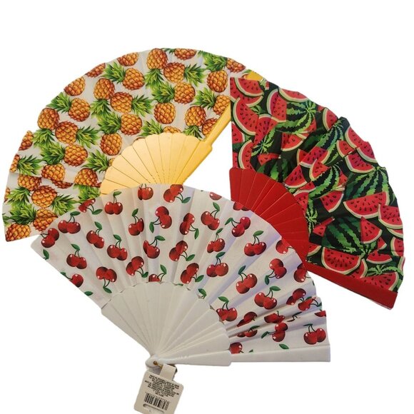 CFruit Print Hand Folding Fans Cherry Watermelon Pineapple Pin Up Style Lot - Picture 2 of 7